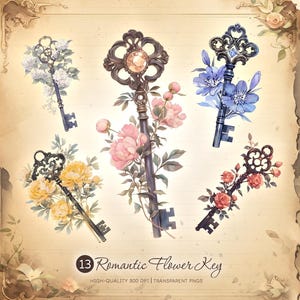 Romantische bloemsleutel clipartbundel, vintage esthetiek, Victoriaanse sleutel, bloementoetsen, scrapbooking, png, sublimatie, ongewenste dagboek, ambachten