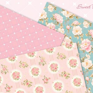 May include: Three pink and white patterned paper sheets with a floral design. The top sheet has a light blue background with white and pink peonies. The middle sheet has a pink background with white and pink roses in circles. The bottom sheet has a pink background with a white grid pattern. The text "Sweet Peony" is in the top right corner.