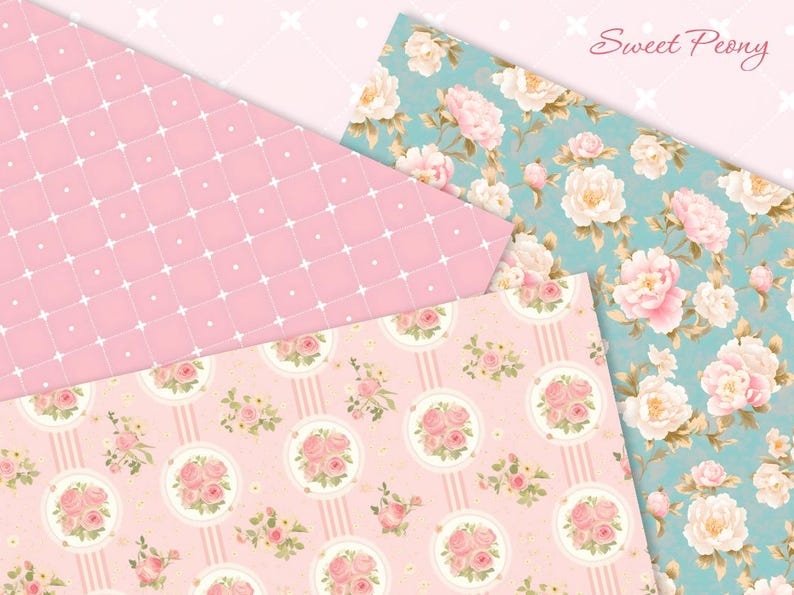 May include: Three pink and white patterned paper sheets with a floral design. The top sheet has a light blue background with white and pink peonies. The middle sheet has a pink background with white and pink roses in circles. The bottom sheet has a pink background with a white grid pattern. The text "Sweet Peony" is in the top right corner.