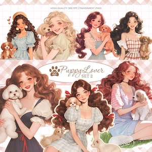 Puppy Lover Clipart Bundle, Cute Girls, Puppies Watercolor, Valentine’s Day PNG, Digital Stickers, Planners, Scrapbooking, Dog Art, Pet