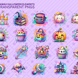 Watercolor Kawaii Halloween Clipart Bundle, Pastel PNG Graphics (Digital Download) image 4