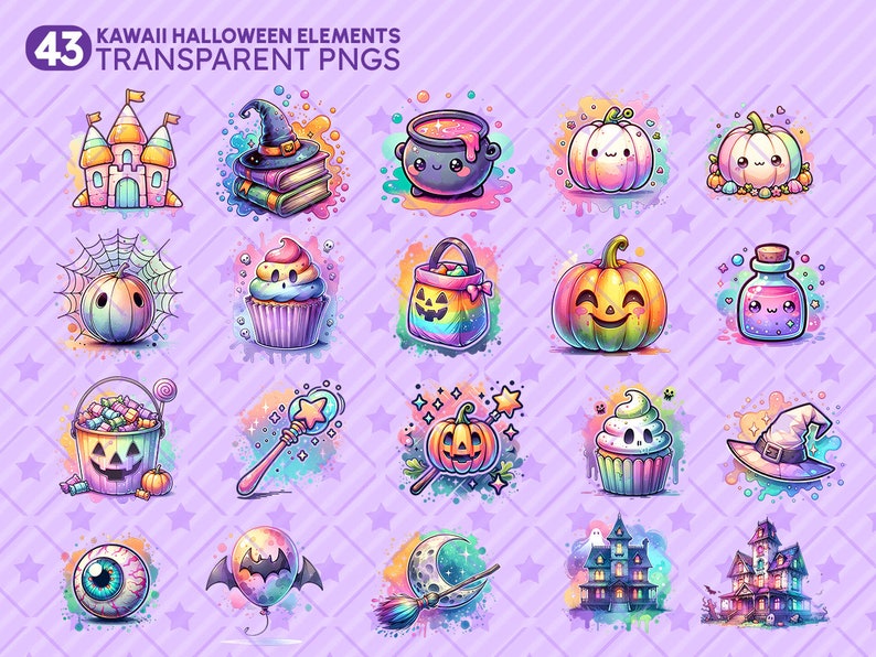 Watercolor Kawaii Halloween Clipart Bundle, Pastel PNG Graphics (Digital Download) image 4