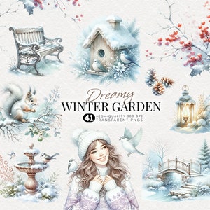 Pacote de clipart de jardim de inverno em aquarela, paisagem de inverno, cenário nevado, jardim de inverno, inverno aconchegante, botânico, arte de parede, para impressão