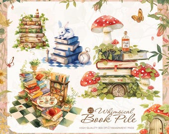 Wonderland Book Pile Clipart: Whimsical Alice in Wonderland PNG Bundle