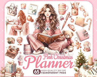 ピンクのクリスマス プランナー クリップアート バンドル、水彩画の居心地の良いプランナー、冬のプランナー、ジャーナリング クリップアート、クリスマスの本、クリスマス クリップアート PNG