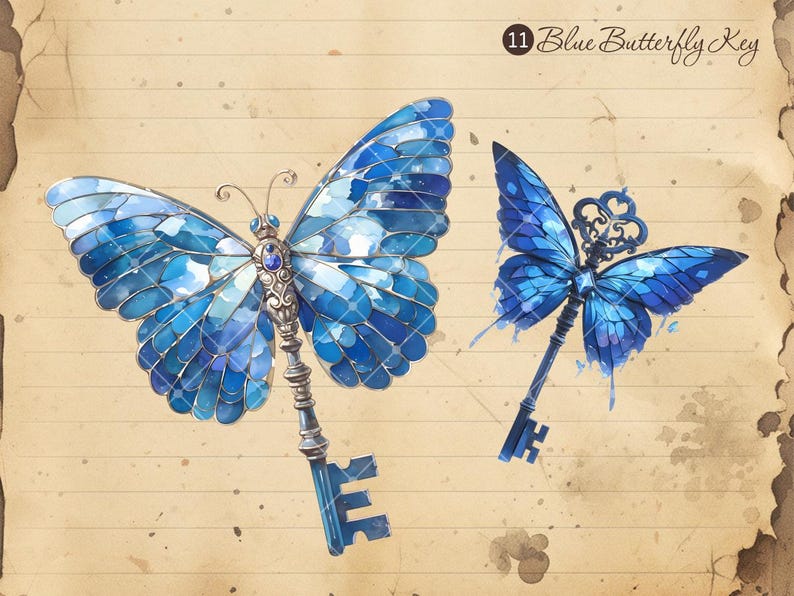 Blue Butterfly Key Clipart: Vintage Fantasy PNG Bundle (digital Art ...