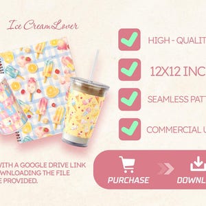 May include: A digital download of a 12x12 inch seamless pattern featuring a watercolour illustration of ice cream cones, popsicles, and lemons on a blue and white gingham background. The pattern is perfect for crafting, scrapbooking, and other creative projects.
