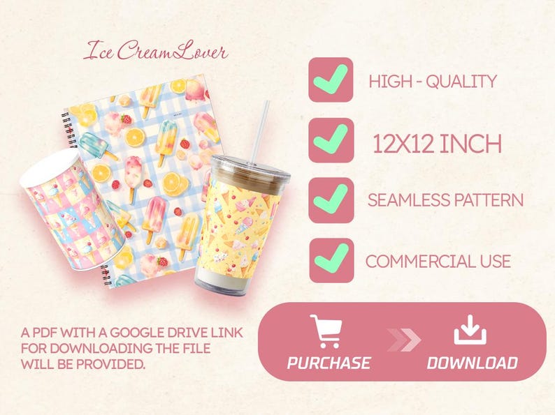 May include: A digital download of a 12x12 inch seamless pattern featuring a watercolour illustration of ice cream cones, popsicles, and lemons on a blue and white gingham background. The pattern is perfect for crafting, scrapbooking, and other creative projects.