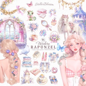 Aquarell Moderne Rapunzel Clipart, Pastell Prinzessin PNG Set, Märchen Mädchen, Schloss Kunst, Kokette Fantasie, digitale Aufkleber, kommerzielle Nutzung