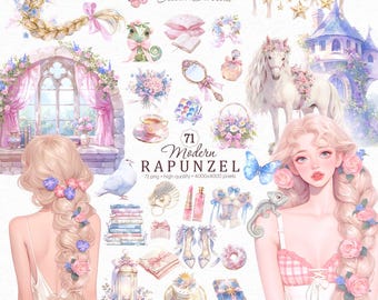 May include: A digital illustration set of 71 watercolor-style images featuring a modern take on the Rapunzel fairy tale. The set includes a variety of elements, such as a girl with long blonde hair, a white horse, a castle, flowers, books, and a teacup.