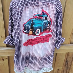 Unique,  custom, bleached flannel shirt size ladies L/XL.  Cutely decorated with lace,etc and great patriotic design on back.