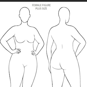 May include: A black and white line drawing of a plus-size female figure, shown from the front and back. The front view has hands on hips, and the back view shows the figure's form. Text at the top reads "FEMALE FIGURE PLUS SIZE" and at the bottom "INSTANT DOWNLOAD PDF(A4-A3)".