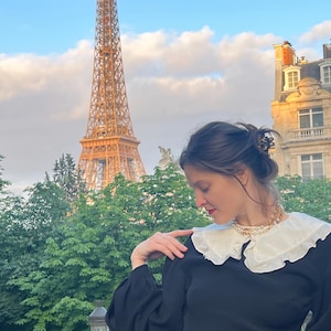 Parisian Black A-Line Dress: White Collar, Puffed Sleeves, Handmade