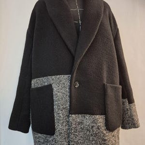 Patchwork Wool Coat: Handmade Tailored Black Cotton Blend - Paris Design