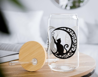 Cat Moon Glass Tumbler: Celestial Sipper Cup, Cat Lover Gift