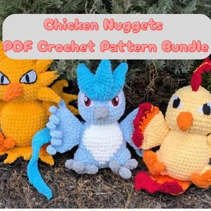 May include: A collection of three crocheted bird-like figures in yellow, blue, and cream colors. The figures have wings, beaks, and other details. The text "Chicken Nuggets PDF Crochet Pattern Bundle" is displayed above the figures.