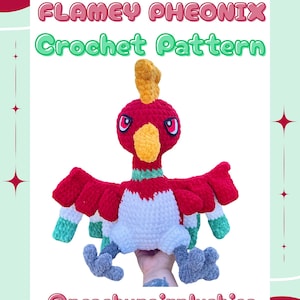 May include: A crocheted plush toy phoenix in red, white, green, and gray. The toy has a yellow crest and beak, with the text "FLAMEY PHEONIX Crochet Pattern" and the seller's social media handle.