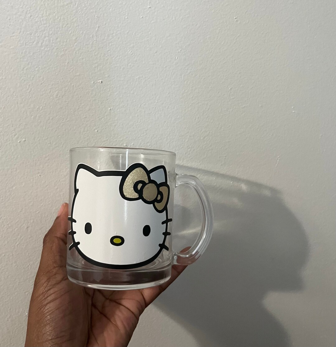 HELLO KITTY With Gold Bow, Clear Glass Mug With Gold Glitter Bow, Hello ...