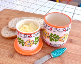 Butter Crock Ceramic, Handmade and Hand Painted Flower Design