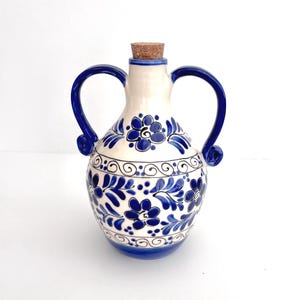 Olive Oil Cruet Ceramic Handmade and Hand Painted with Blue and White Flower Design