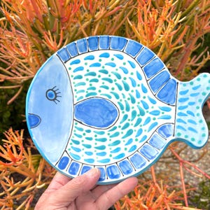 Ceramic Fish Shaped Plate for Serving or Decoration/ Handmade and Hand Painted