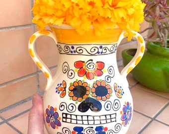 Handmade and Hand-painted Ceramic Vase with Dia de los Muertos Calavera