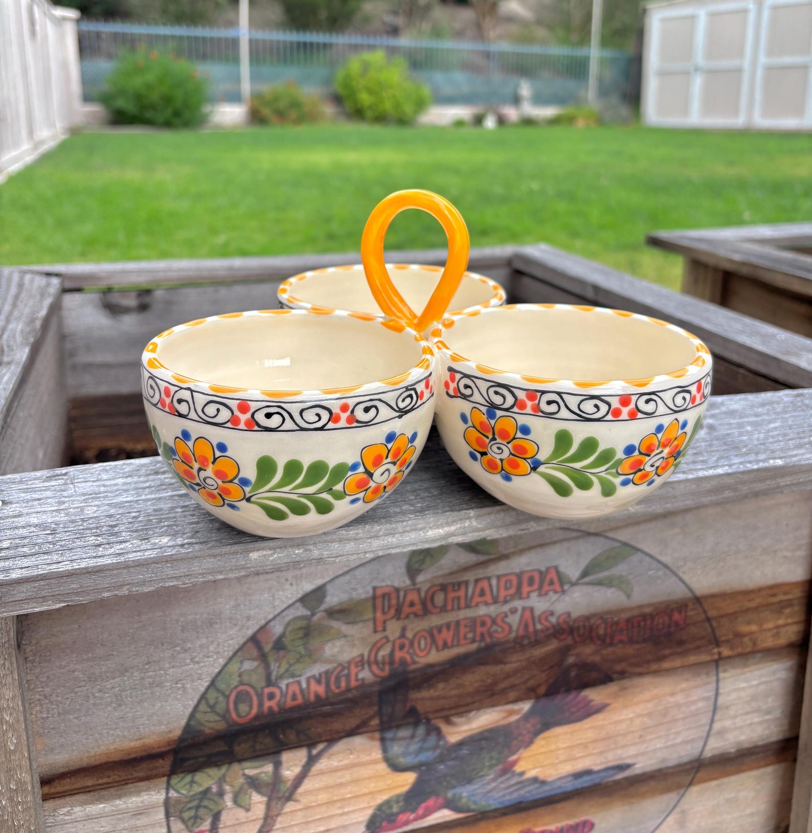 Triple Bowl Ceramic Condiment Set Handmade and Hand Painted with Bright Flowers