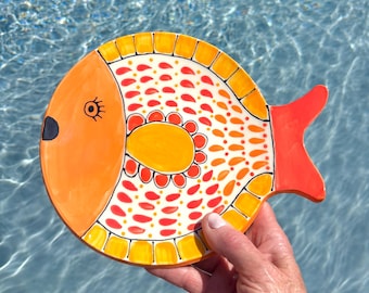 Ceramic Fish Shaped Plate for Serving or Decoration/Handmade and Hand Painted