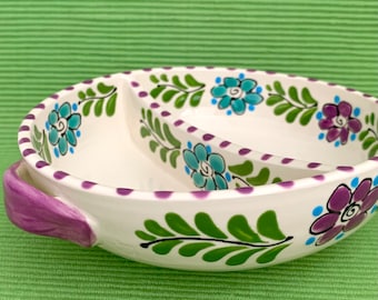 Ceramic Handmade and Hand Painted Divided Serving and Condiment Bowl