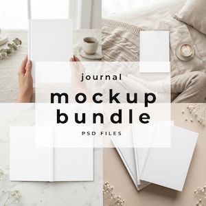 May include: A journal mockup bundle featuring four distinct views of blank white hardcover books. The images display various arrangements of the journals, including a single book held upright, a flat lay, and a stacked configuration of three books.