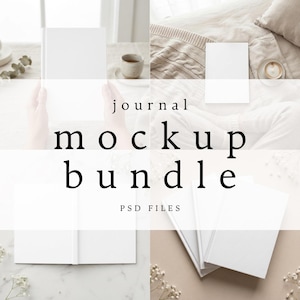 May include: A digital journal mockup bundle featuring multiple blank white journals in various settings. The text journal mockup bundle PSD files is displayed in the center. The journals are shown in different orientations, including closed and open views.