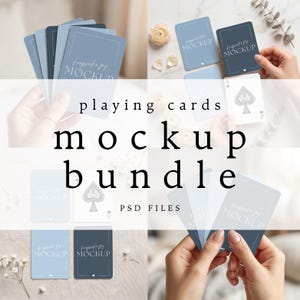 May include: A digital mockup bundle for playing cards featuring multiple layouts of blue and dark blue card backs with the text "keepsake joy MOCKUP" and white spade suit designs. The set includes various arrangements of cards in hands and flat.