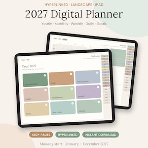Pode incluir: Uma agenda digital 2027 para iPad em formato paisagem. O ecrã apresenta um painel com botões retangulares coloridos para Year at a Glance, Goals, Habit Tracker, Budget, Meal Planner, Journal, Notes e How to use.