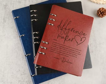 Custom Difference Maker Journal, Personalized Leather Sketchbook, Engraved Name Notebook, Colleague Birthday Gift, Teacher Appreciation Gift