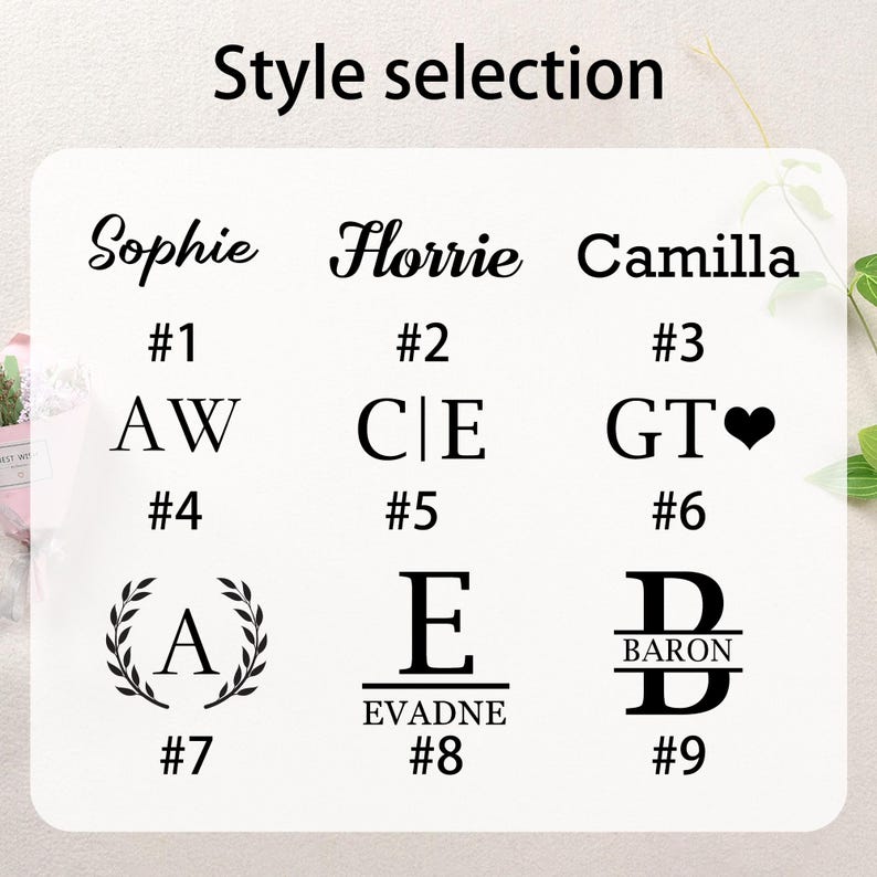 Peut inclure: Neuf styles de monogrammes diff&eacute;rents pour des cadeaux personnalis&eacute;s. Les styles sont num&eacute;rot&eacute;s de 1 &agrave; 9 et comprennent une vari&eacute;t&eacute; de polices, de designs et de mises en page.
