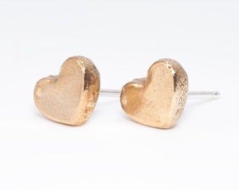 Sandcast Brass Heart Post Earrings, Minimalist Jewelry, Small Studs, Everyday Wear, Unique Gift, Handmade Contemporary Jewellry