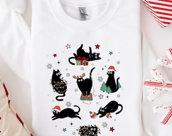 Christmas Black Cat Sweatshirt, Black Cat Christmas Shirt, Kitten Christmas Shirt, Cat Lover Gift, Cat Mom Sweater,Xmas Gift, Holiday Hoodie