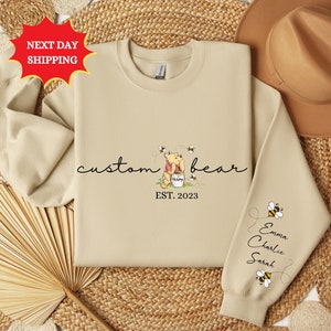Personalized Custom Bear Sweatshirt, Bear Est with Kid Name on Sleeve Sweatshirt, Custom Name Sweatshirt, Cute Mothers Day Sweatshirt