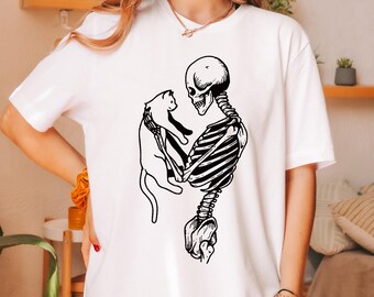 Skeleton and Cat Shirt, Black Cat Halloween TShirt, Spooky Cat Mom T-Shirt, Gothic Gifts for Cat Lovers, Cat Dad Tee, Womens Fall Season Tee