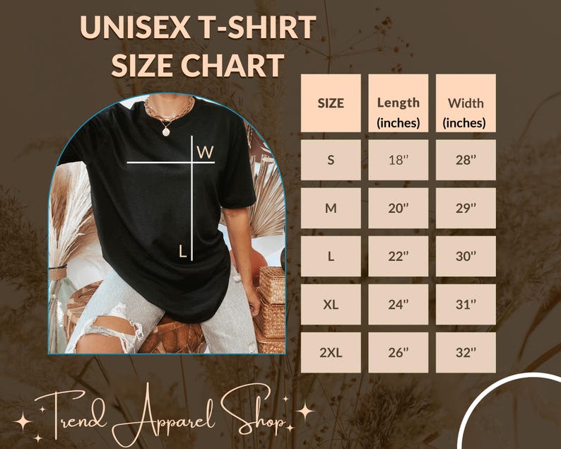 May include: Black unisex t-shirt with a size chart. The chart displays measurements in inches for length and width, ranging from size small (18" length, 28" width) to 2XL (26" length, 32" width). The text "UNISEX T-SHIRT SIZE CHART" is at the top.