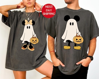 Retro Mickey Minnie Halloween Couple Shirts, Mickey Ghost Shirt,Minnie Ghost Shirt,Spooky Season Shirt,Disney Halloween Trip Shirts