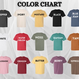 Peut inclure: Un nuancier de couleurs pr&eacute;sentant des t-shirts de diff&eacute;rentes couleurs. Le nuancier comprend des couleurs telles que Pepper, Ivory, Mustard, Black, Blue Jean, White, Water Melon, Moss, Seafoam, Yam, Blossom, Crimson, Butter, Berry et Espresso.