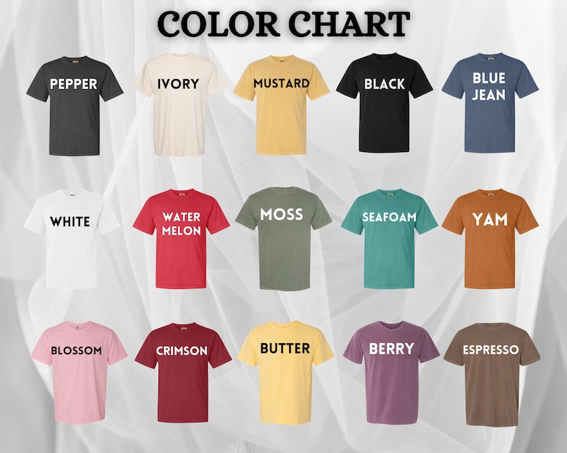 Peut inclure: Un nuancier de couleurs pr&eacute;sentant des t-shirts de diff&eacute;rentes couleurs. Le nuancier comprend des couleurs telles que Pepper, Ivory, Mustard, Black, Blue Jean, White, Water Melon, Moss, Seafoam, Yam, Blossom, Crimson, Butter, Berry et Espresso.