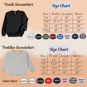 Puede incluir: Se muestra una sudadera negra para j&oacute;venes y una sudadera gris para ni&ntilde;os peque&ntilde;os, con tablas de tallas y colores. La tabla de tallas muestra medidas en pulgadas para tallas de j&oacute;venes y ni&ntilde;os peque&ntilde;os, incluyendo ancho, largo y largo de manga.