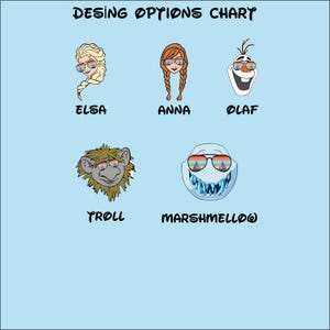 K&ouml;nnte beinhalten: Auf hellblauem Hintergrund befinden sich Cartoon-Illustrationen der Charaktere Elsa, Anna, Olaf, Troll und Marshmallow, die alle eine Sonnenbrille tragen. Der Text "DESIGN OPTIONS CHART" steht oben, mit den Namen der Charaktere darunter.