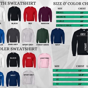 Puede incluir: Una tabla de colores para sudaderas para j&oacute;venes y ni&ntilde;os peque&ntilde;os. La tabla muestra varios colores, incluyendo blanco, negro, rojo y azul marino. Las medidas de tama&ntilde;o se proporcionan en pulgadas para el pecho y la longitud.