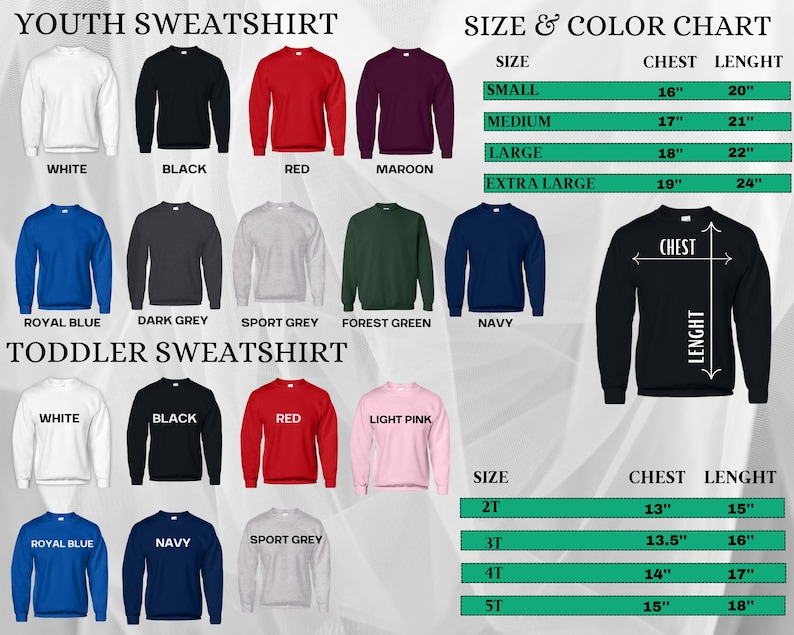 Puede incluir: Una tabla de colores para sudaderas para j&oacute;venes y ni&ntilde;os peque&ntilde;os. La tabla muestra varios colores, incluyendo blanco, negro, rojo y azul marino. Las medidas de tama&ntilde;o se proporcionan en pulgadas para el pecho y la longitud.