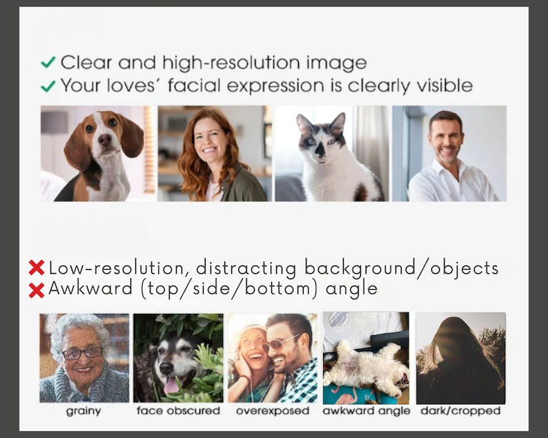May include: A graphic with the text "Clear and high-resolution image" and "Your loves' facial expression is clearly visible" above four images of a dog, a woman, a cat, and a man. Below are examples of poor image quality.