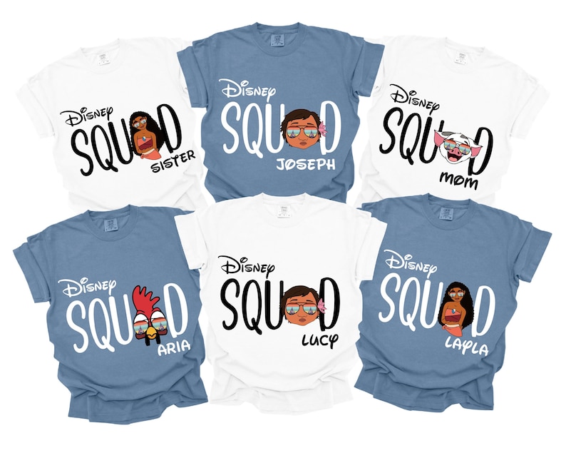 May include: A collection of white and blue t-shirts with the text "Disney Squad" and character illustrations. Each shirt has a different name: Sister, Joseph, Mom, Aria, Lucy, and Layla. The shirts are short-sleeved.
