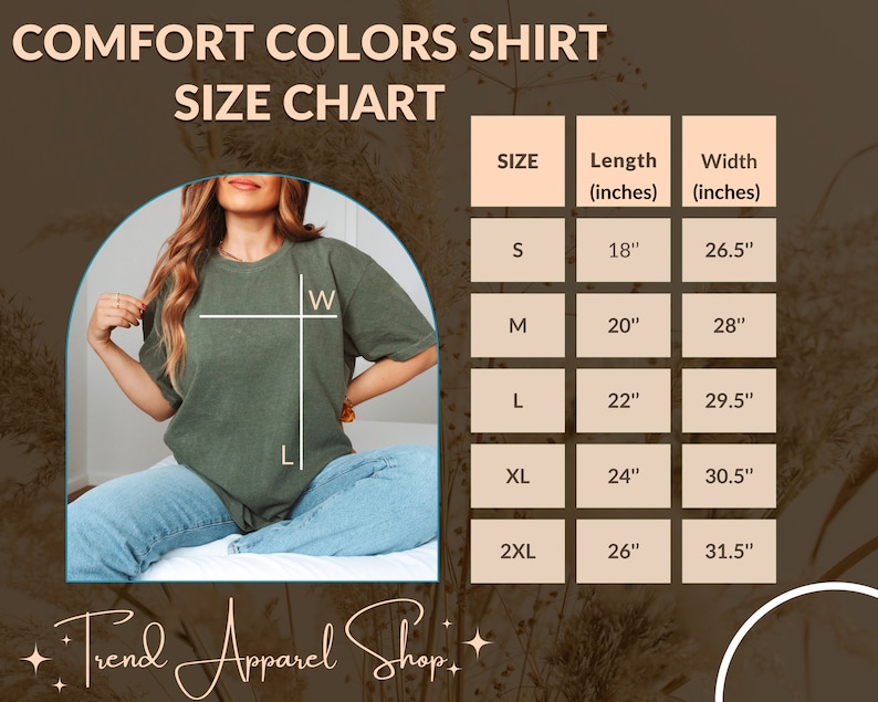 Peut inclure: T-shirt Comfort Colors vert olive avec un tableau des tailles. Le tableau indique les tailles de S &agrave; 2XL, avec des mesures de longueur de 45,7 cm &agrave; 66 cm et de largeur de 67,3 cm &agrave; 80 cm. Le texte "Trend Apparel Shop" est en bas.